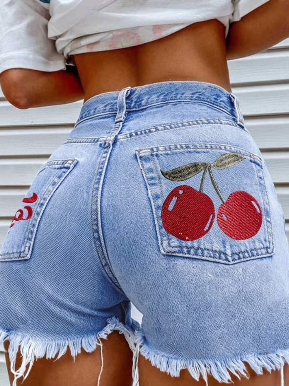 NWOT High-Waist Light Wash Denim Shorts with Cherry Embroidery